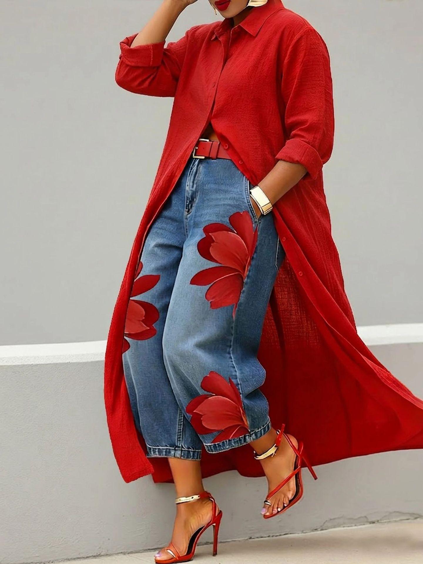 2026 Sommer Europäische & Amerikanische Mode Bedruckte High-Waist Weitbeinige Cropped Jeans für Damen gray