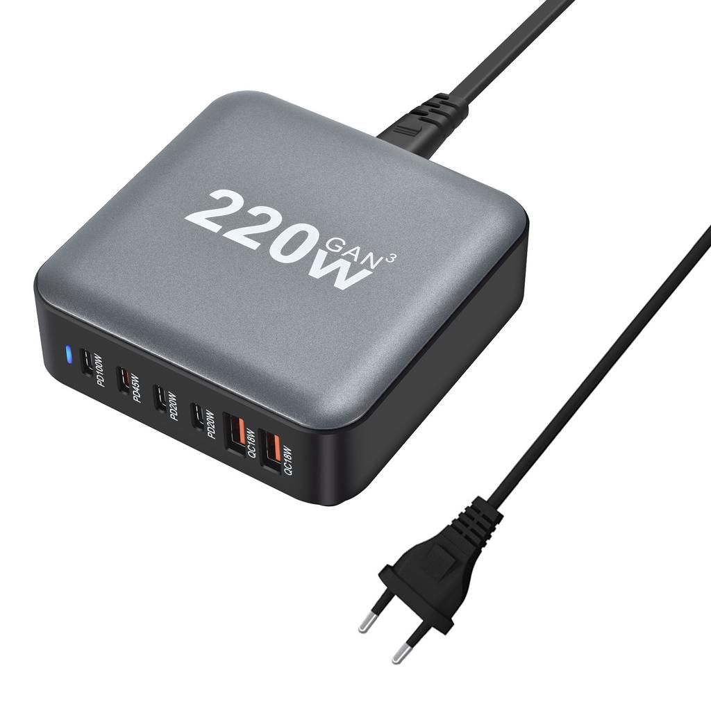 220W Charging Station Hub 6 Ports USB-C Charging Block GaN Fast-Charging Multi-functional Desktop