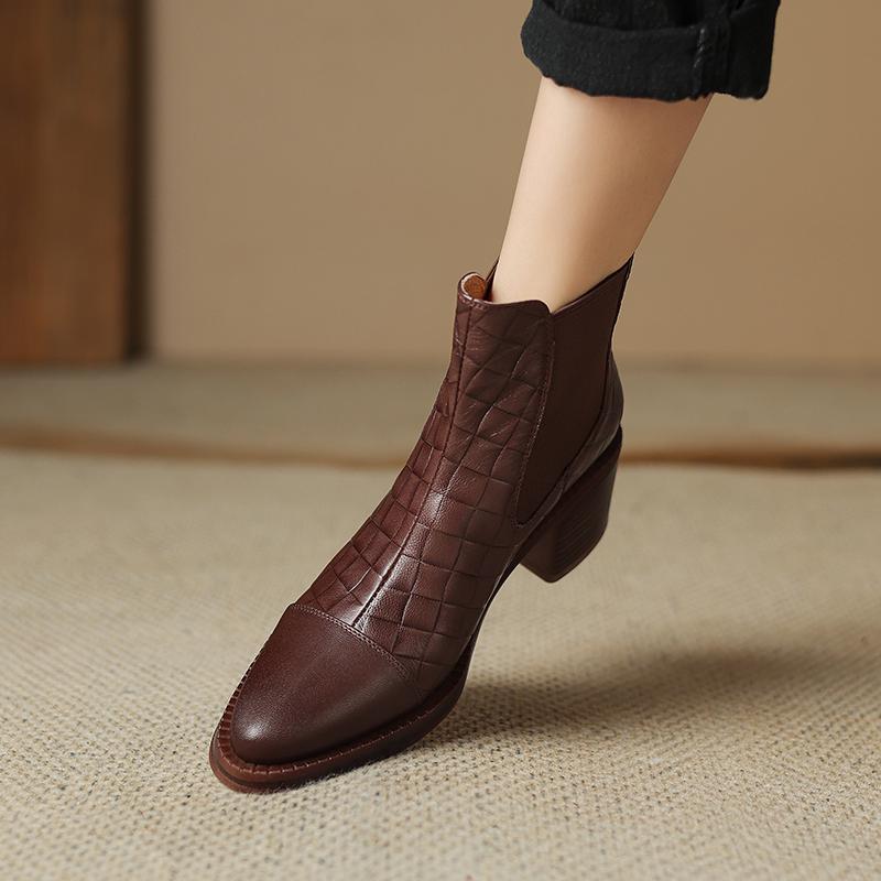 2024 Autumn Boots Women Genuine Leather Shoes for Women Pointed Toe Ankle Boots Chunky Heel Shoes Western Boots Platform Shoes