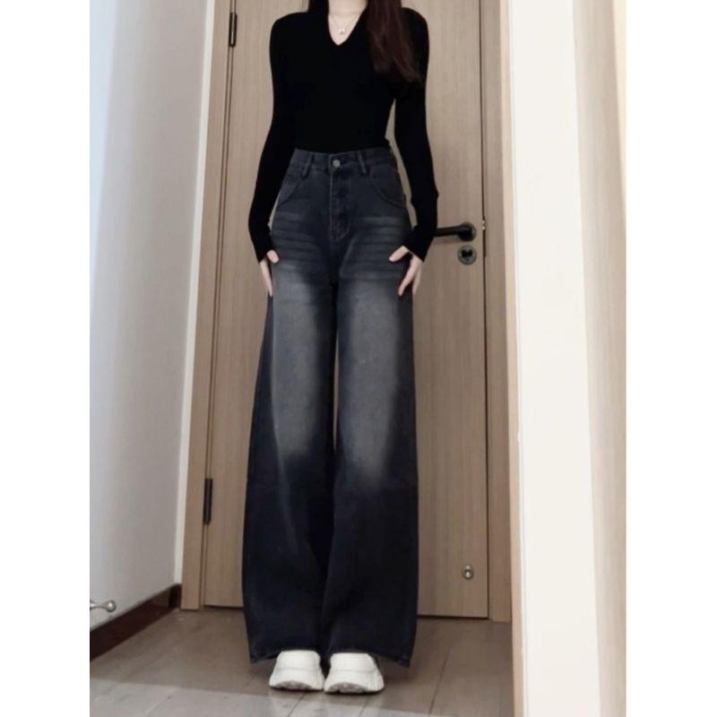 

Plus Size Plus Size Ladies Black Gray Wide Leg Denim Female Spring/Summer 2025 New Arrival Loose Slim Looking Mop Straight-Leg Trousers Tide Black Gray Size S [40.00 kg-47.50 kg]]