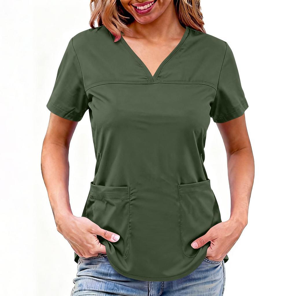 Top de uniforme de cuidador de manga corta con cuello en V de color para mujer con bolsillos de color