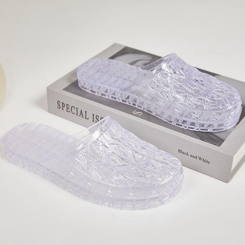 New Jelly Baotou Slippers for Women Fashionable, Hollow Out Breathable Half Tow Home Anti Slip Flat Bottomed Cool Scooter