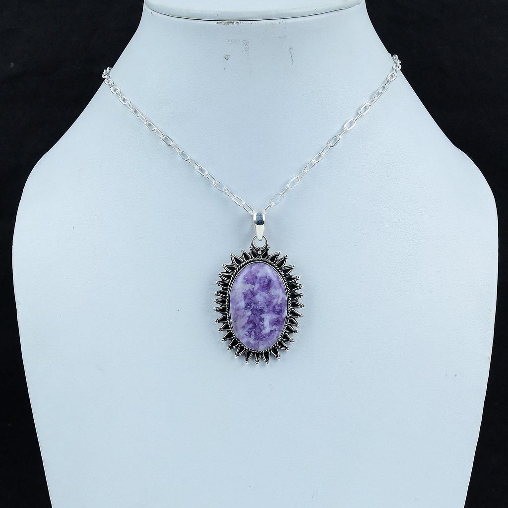 Natural Lepidolite Gemstone Silver Pendant In 925 Sterling Silver - Handmade Oval Design, Everyday Wear Jewelry Wadding Gift