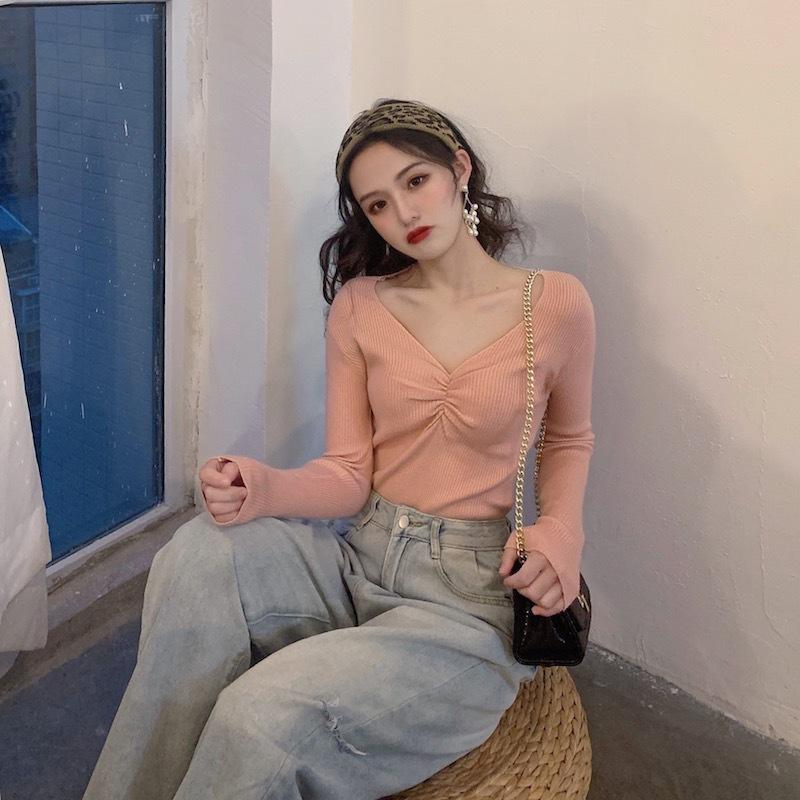 Fall Winter Women V Neck Solid Color Long Sleeve Pleated Knitted Bottoming Chic Sweater