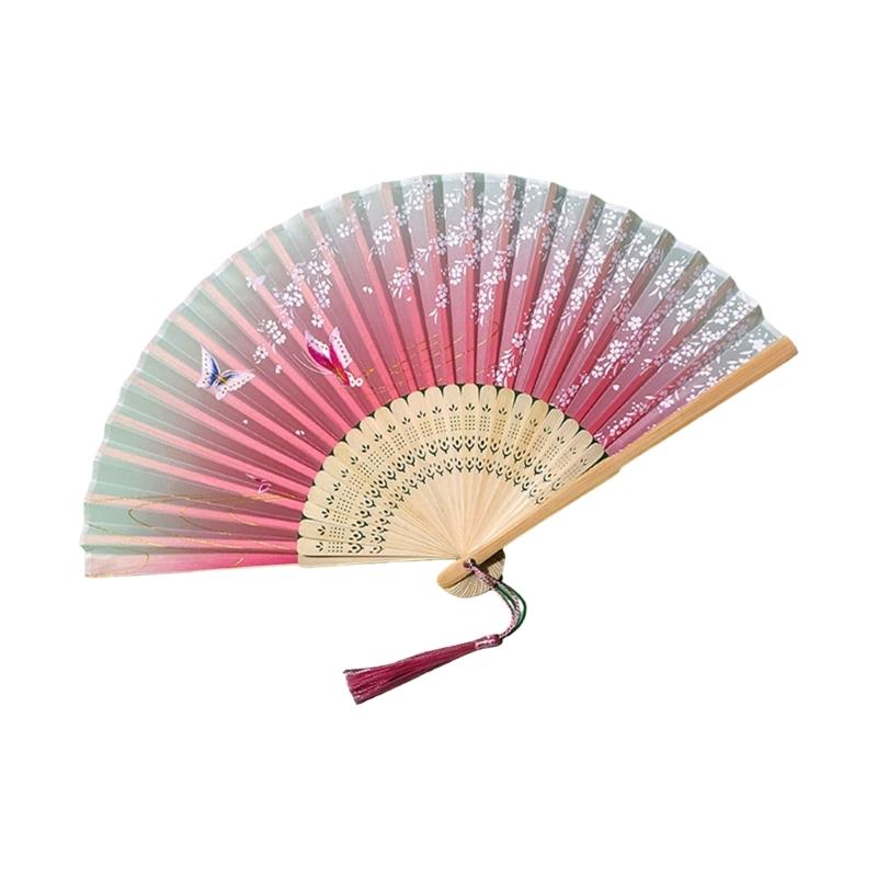 Éventail traditionnel chinois vintage avec pompons Éventail pliant portable Éventail de danse pour femmes Mariages Bals de fin d'études Photographie