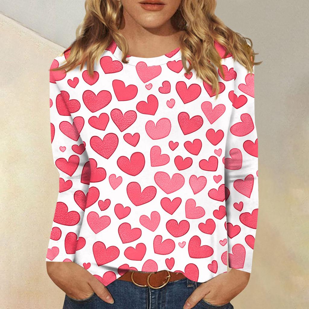 Long Sleeve Shirts For Women Cute Print Graphic Tees Blouses Casual Plus Size Basic Tops Pullover Valentine's Day