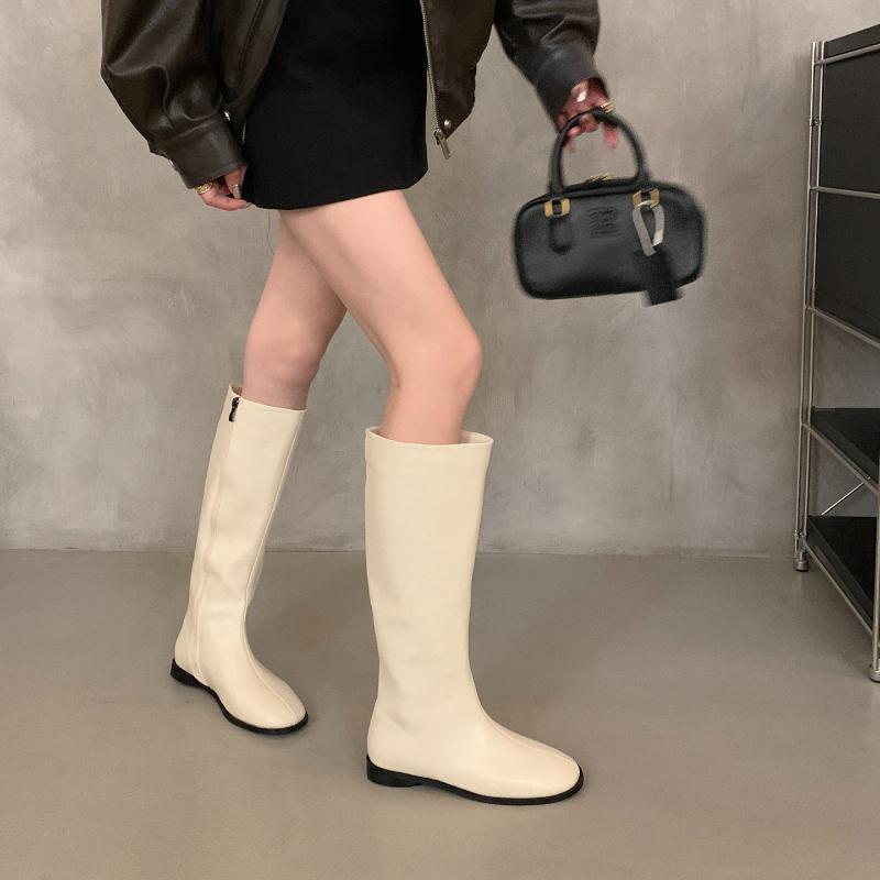 2026 New Spring Autumn Elastic Slimming Woman High Boot Concise Round Toe Shoes Ladies Soft Leather Flats Knight Long Booties