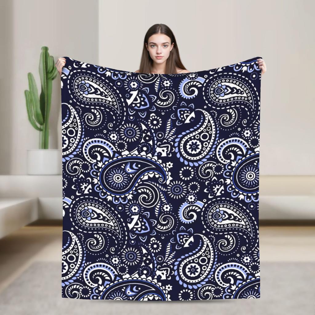 Dark Blue Paisley Floral Seamless Pattern Throw Blanket Super Soft Novelty Blanket For Sofa Home Travel Car Bedspread Bed Cover
