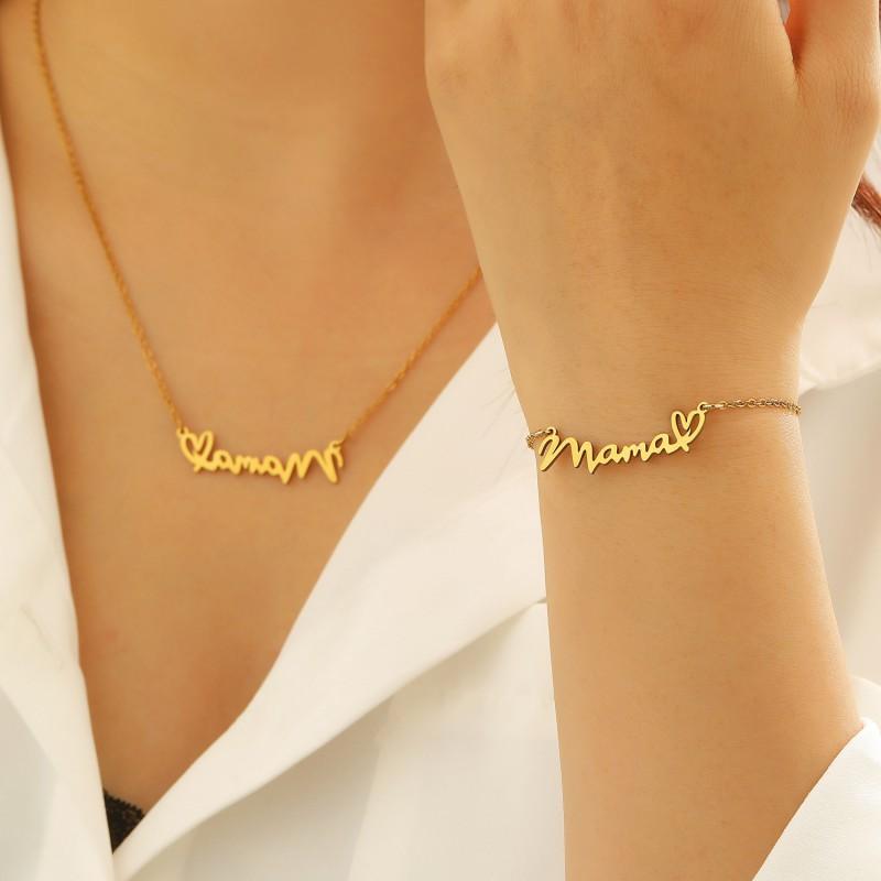 Stainless Steel MAMA Letter Pendant Necklace Bracelet Set Women Minimalist Elegant Mothers Day Gift