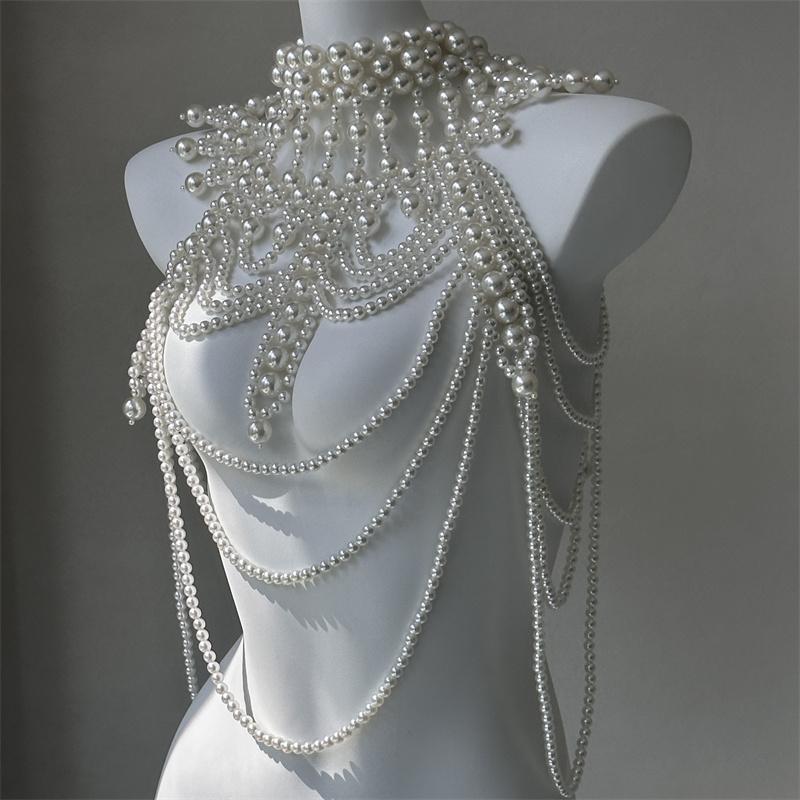 Sexy Damen Perlen Körperkette BH Verstellbare Größe Schal Halsketten Kragen Schulter Mode Oberteile Kettenhalsketten Körperschmuck