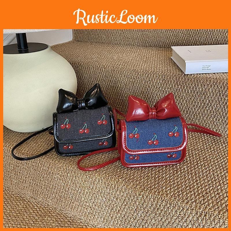 Children Cherry Bow Fruit Pattern Mini Purse With Embroidery Key Holder Girls