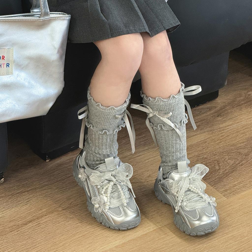 2025 Summer New Classmates Girls Pearl Bow Flower Sneakers Single Mesh Breathable Princess Moral Training Shoes