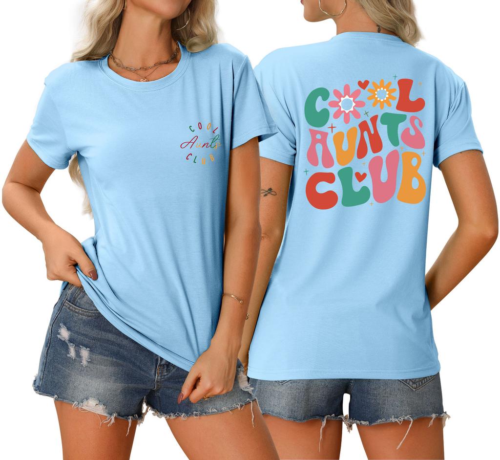 Summer new Womens round neck cool aunts club front and back printed Tshirt loose casual shortsleeved top with a stylish pullo