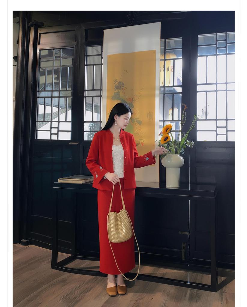 Winter 2026 Red High-End Double-Sided Wool Coat and Skirt Suit for Women, Chinese Style - NY033.