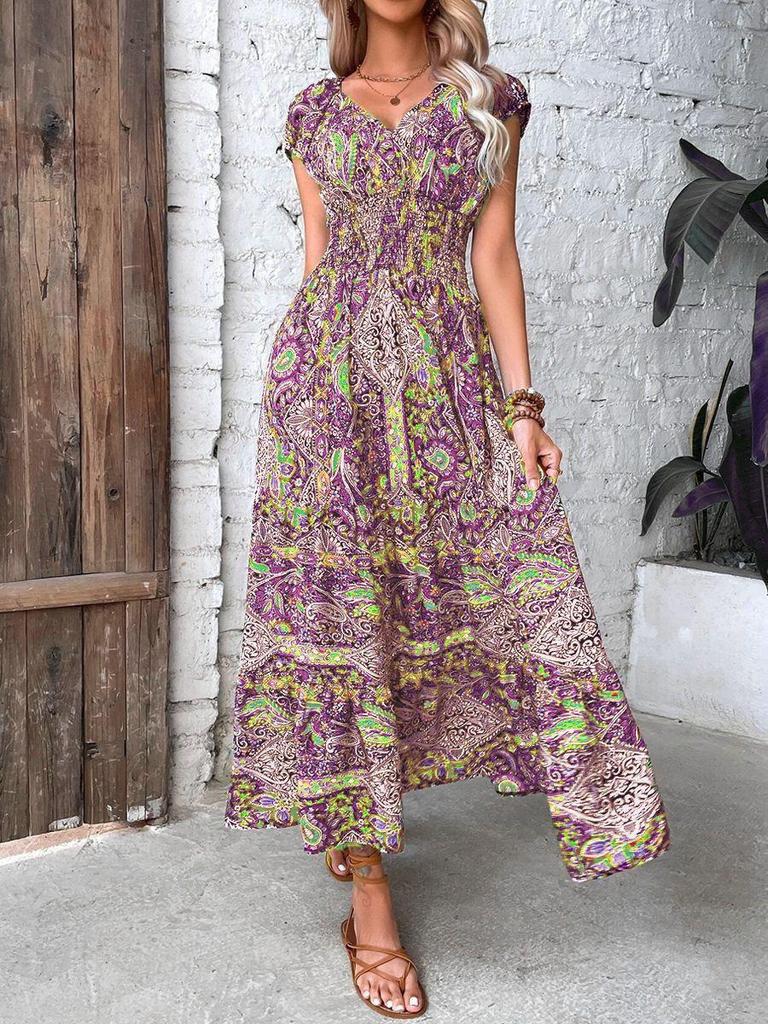 French Bohemian Holiday Print Midi Dress