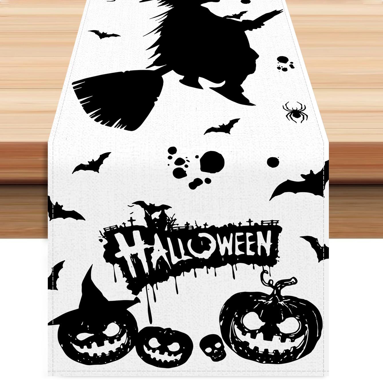 

1pc White Black Halloween Table Runner Pumpkin Witch Pattern Dustproof Durable Tablecloth for Halloween Theme Party Decoration 33x183cm