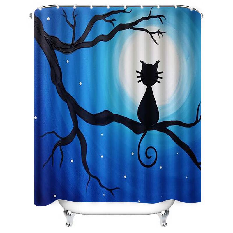 Black Cat on Branch Waterproof Shower Curtain Heat Resistant Machine Washable Non-Transparent 180x180cm