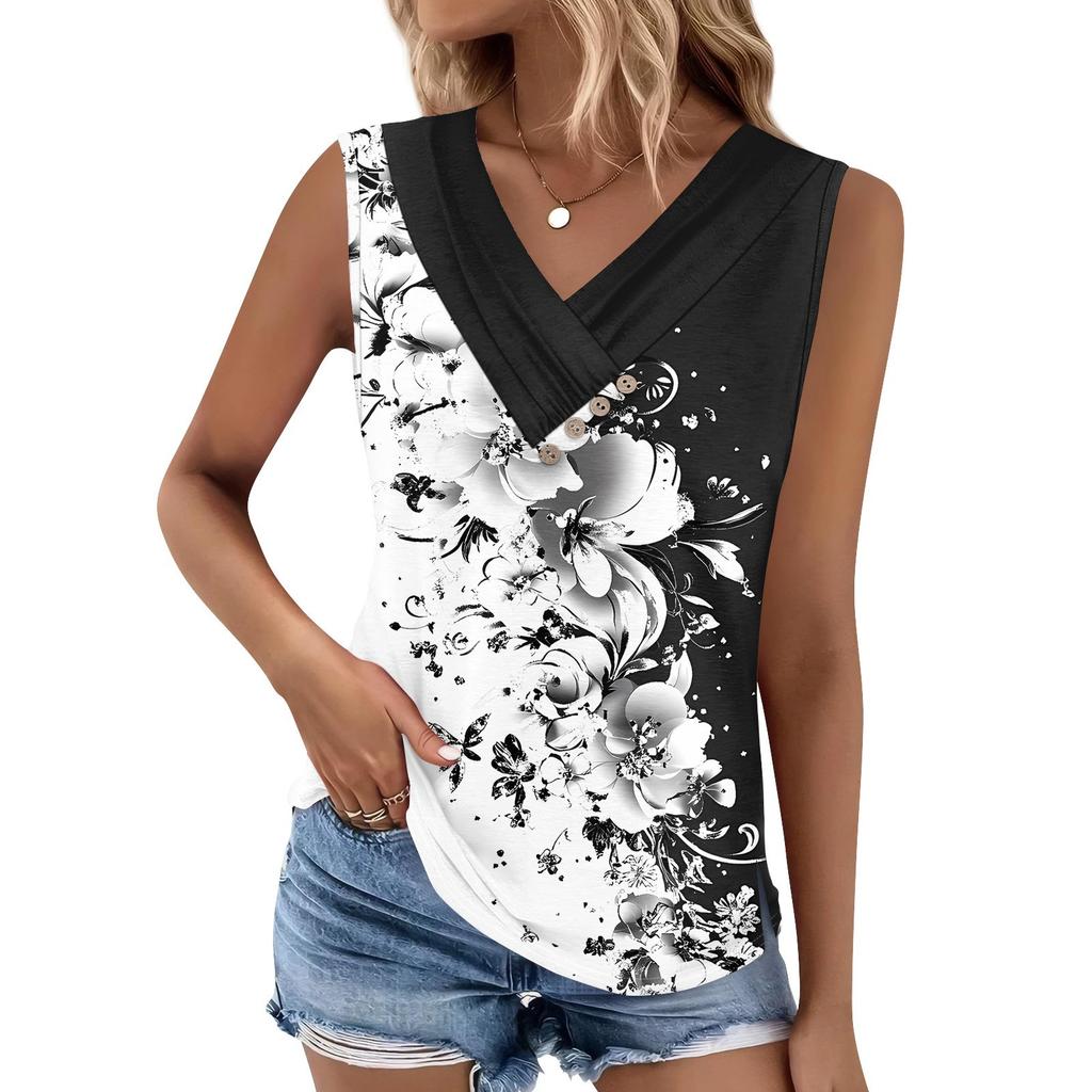 Maiou de damă cu imprimeu, cu nasturi, cu gât în V, fără mâneci, larg, top la modă