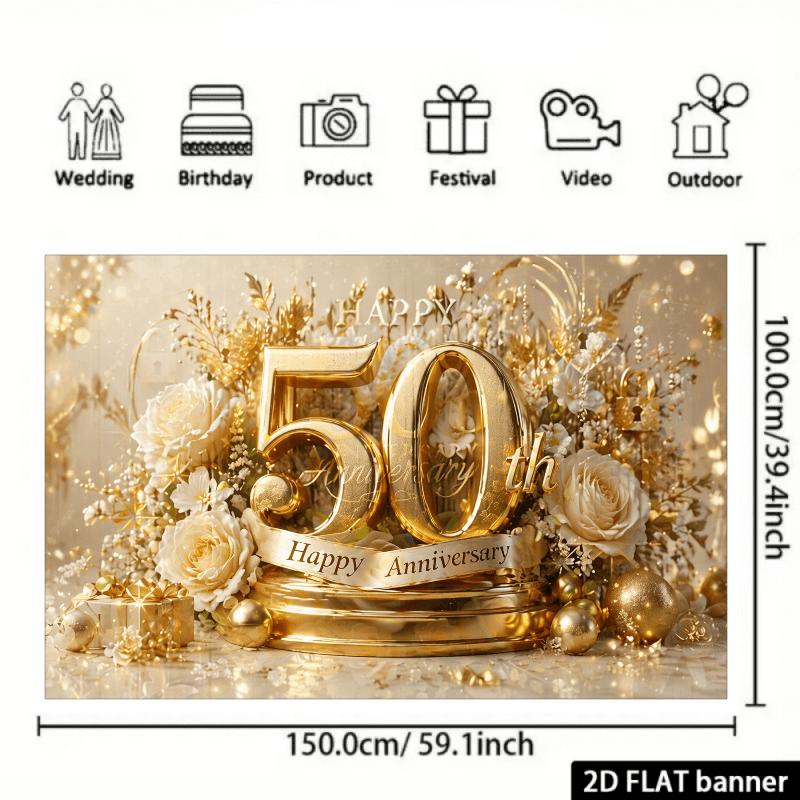 2D flaches Banner-Hintergrund für die Feier zum 50. Jahrestag, Thema Goldene Hochzeit, kombiniert mit 3D-goldenen 50er-Ziffern
