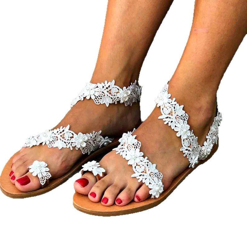 Large Size Bohemian Sandals Summer Flower Flat Beach Sandals Size European and American Sandals