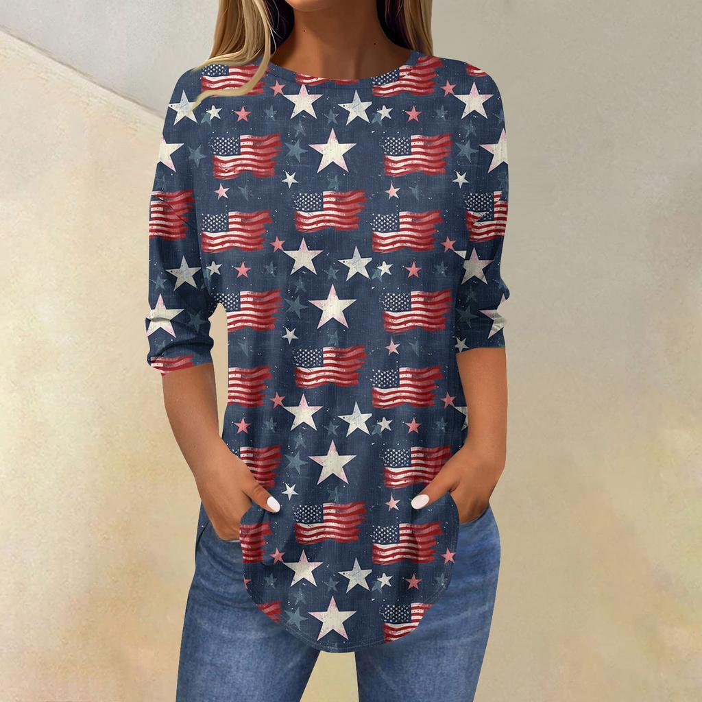 3/4 Length Sleeve Womens Tops Summer T-Shirts Print O Neck Casual Basic Tee Button Shirts Tunic Tops