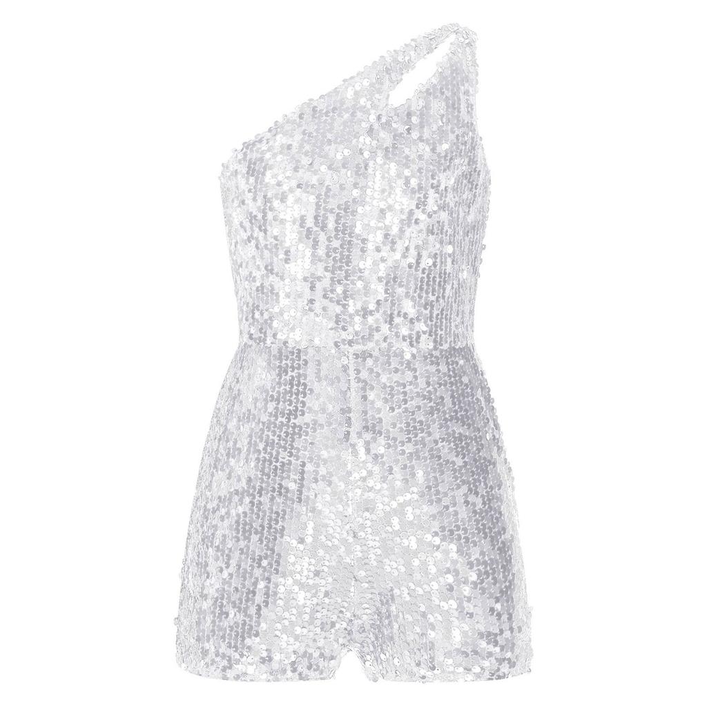 Girls Sparkling Sequin Jumpsuit One Shoulder Design Keyhole Detail Sleeveless Short Bottom Romper