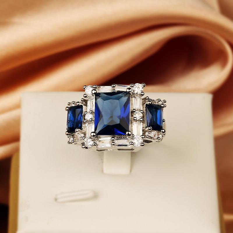 Rectangular Zircon Ring Imitation Emerald Diamond Inlay Handmade European and American Personalized Colored Treasure Ring