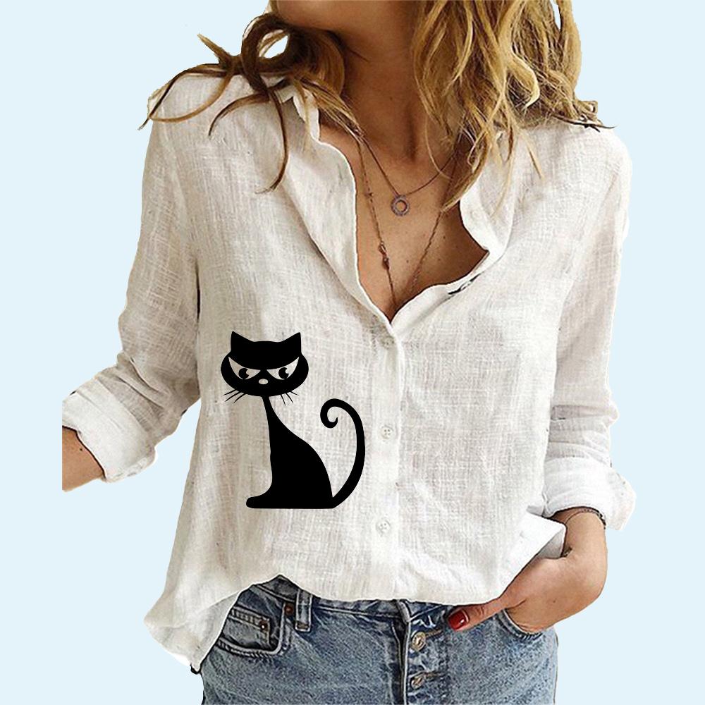 Damenmode Langarmshirt Frühling&Herbst Baumwolle Leinen Oberteil Damen Sommer Freizeit Katzenprint Bluse