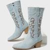 Women Embroidered Denim Western Boots Height Increasing Square Heel Mid-calf Boots for Office Nightclub Evening Party Banquet