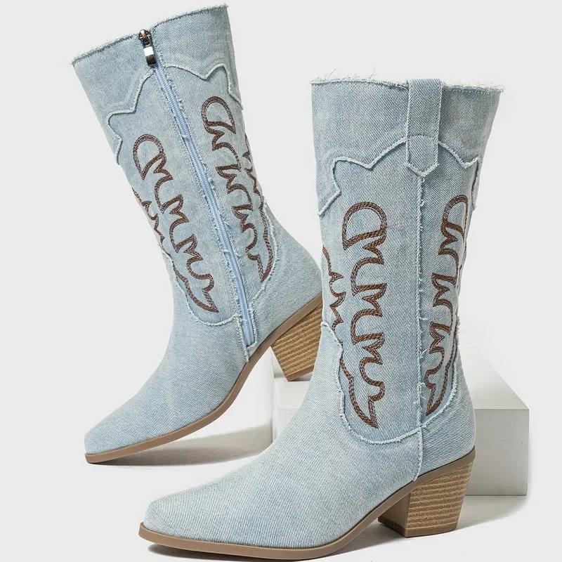 Women Embroidered Denim Western Boots Height Increasing Square Heel Mid-calf Boots for Office Nightclub Evening Party Banquet