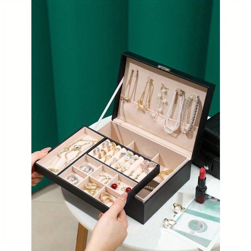 

1pc Large Capacity Jewelry Box, Minimalist Leather Jewelry Storage Case, Portable Solid Color Rectangular Jewelry Organizer Box, PU Leather Travel чёрный