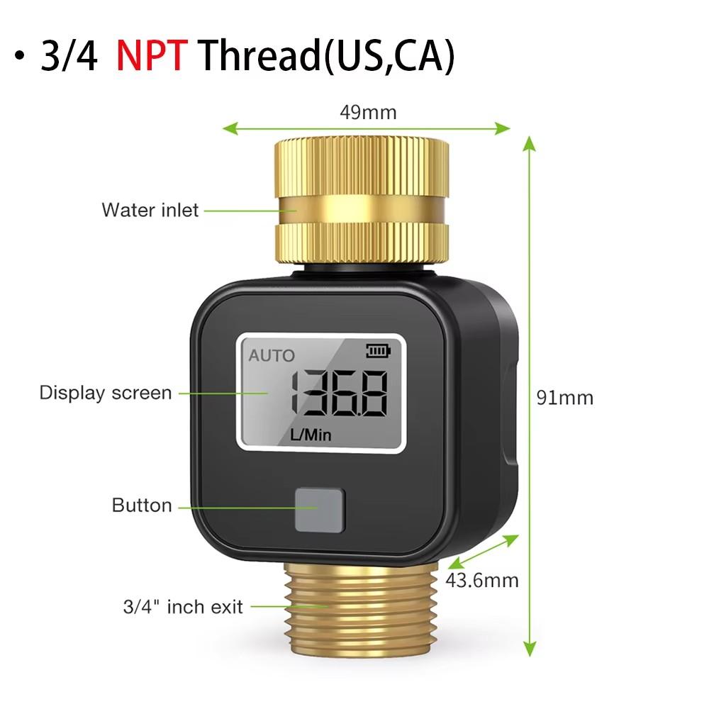 Digital Water Flow Meter IP5X Water Consumption and Flow Rate 3/4'' Faucet Hose Sprinkler for Outdoor Garden Watering Irrigation