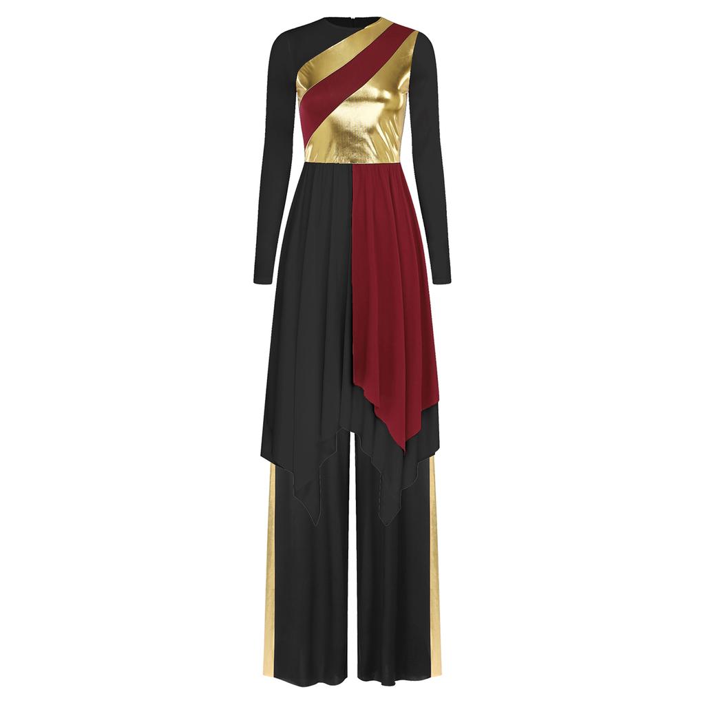 Womens Worship Performance Dress Metallic Color Block Asymmetrical Design Long Sleeve Wide Leg Pants Lyrical Costume