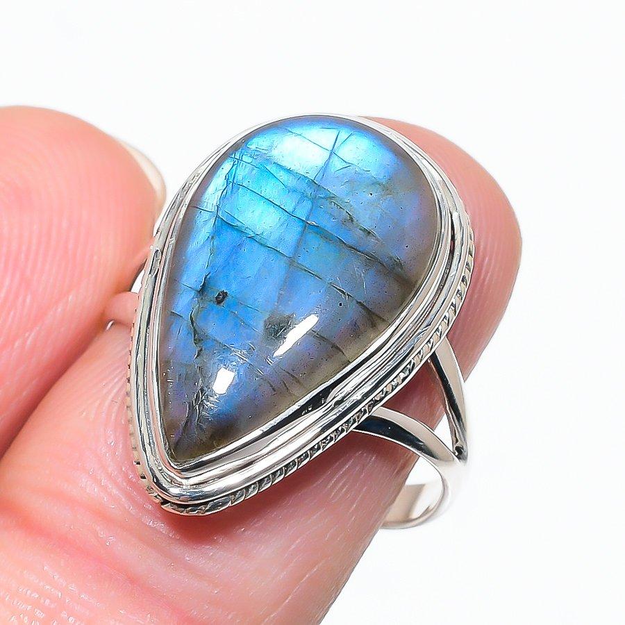 Natural Labradorite Gemstone 925 Solid Sterling Silver Jewelry Ring Size 9 K7I10