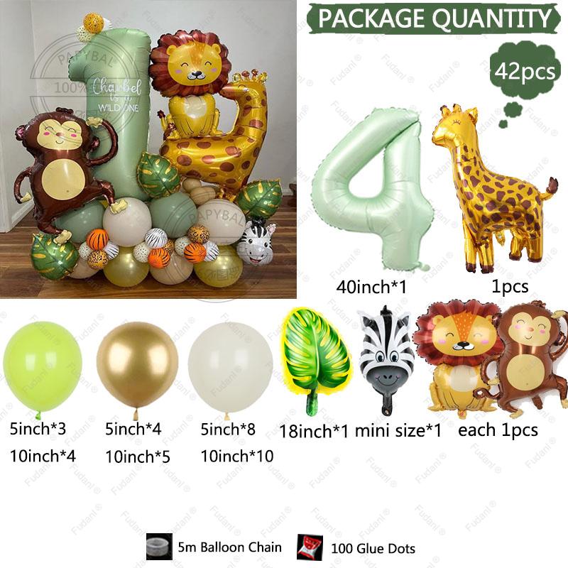 42pcs/set 40inch Olive Green Number Animal Lion Balloons Set Wild Jungle Safari 1 2 3 4 5 6 7 8 9 Year Birthday Party Decoration