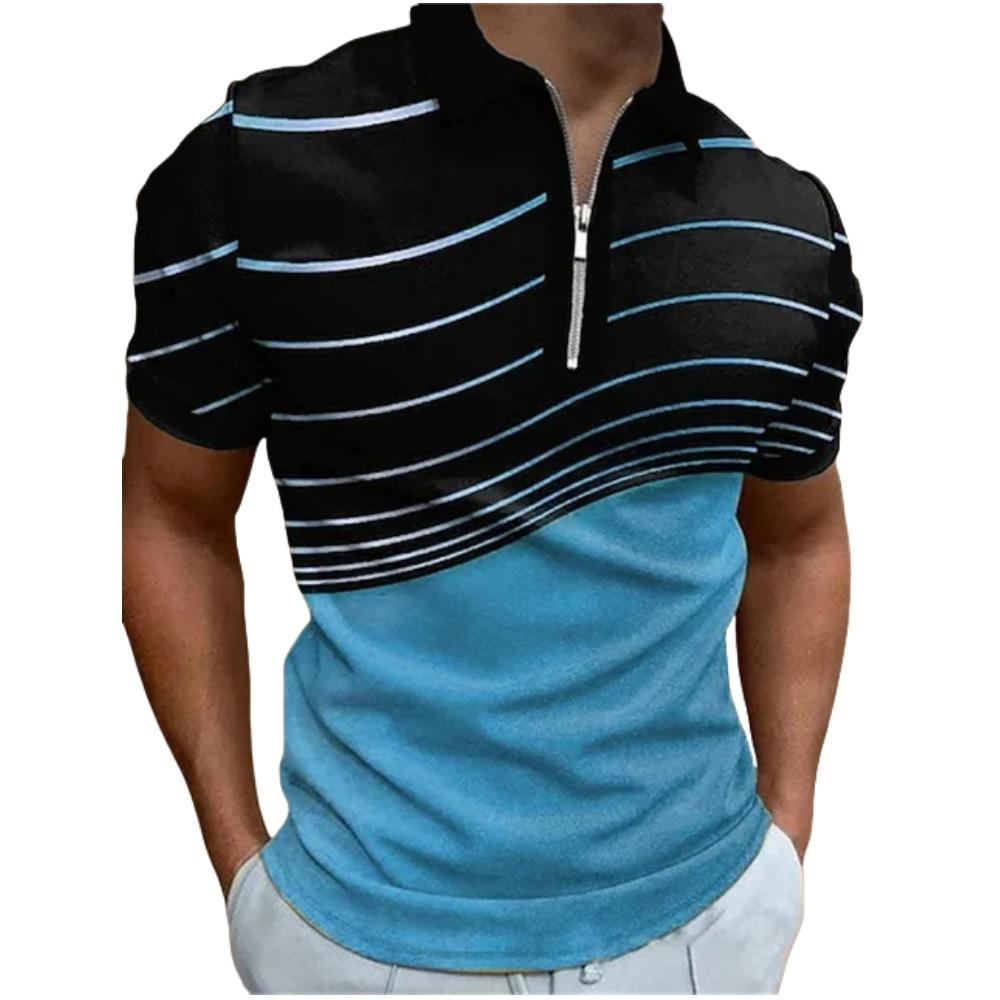 Men's T-shirt Summer Zipper Polo Shirt Stripe Pattern T-shirt Short Sleeve Collar Top Casual