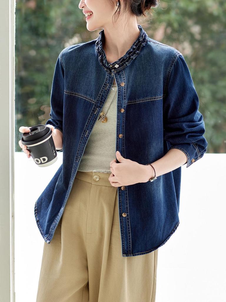 Women's Long Sleeve Retro Blue Denim Shirt Jacket with Ruffled Collar - 2026 Spring Arrival