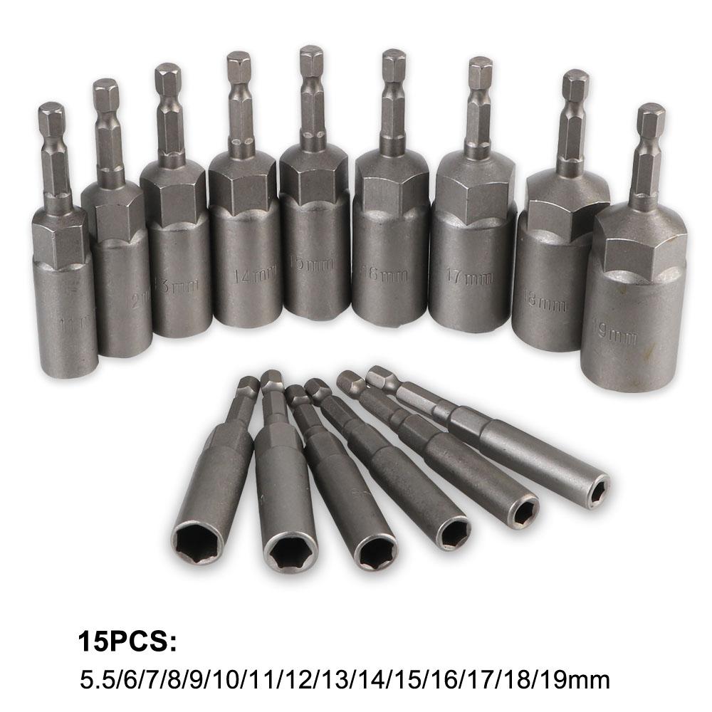 15PCS Set Electric Drill Socket Wrench Bit 5.5-19mm Hexagonal Adapter Household Tool Socket Adapter Garage Tools Car Accessories