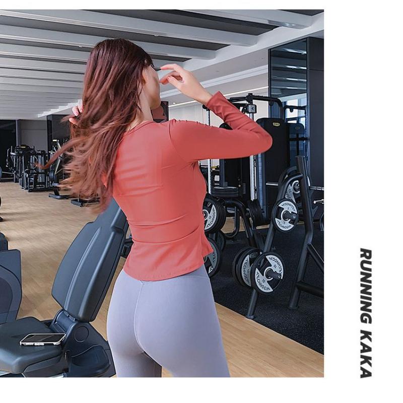 Women's Beige Sports Long Sleeve Top V-neck Side Ruched Stretchy Fitted Yoga Activewear