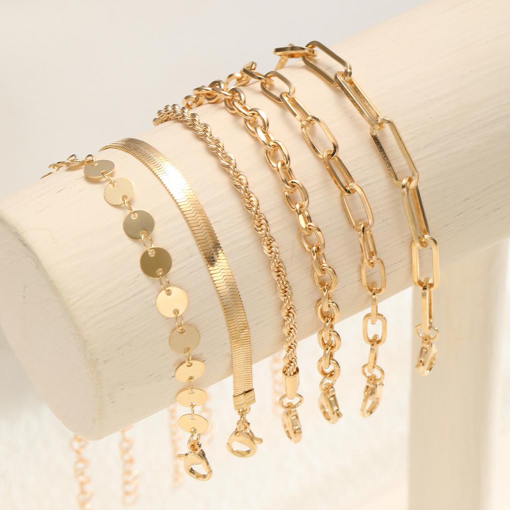6pcs/set Exquisite Gold Color Cuban Chain Bracelets Set for Women Vintage Chic European And American Bracelet Daily Wear Jewelry