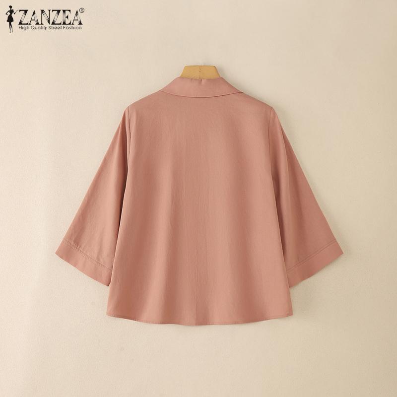 ZANZEA Women Turn Down Collar Loose 3/4 Sleeve Cotton Blouse