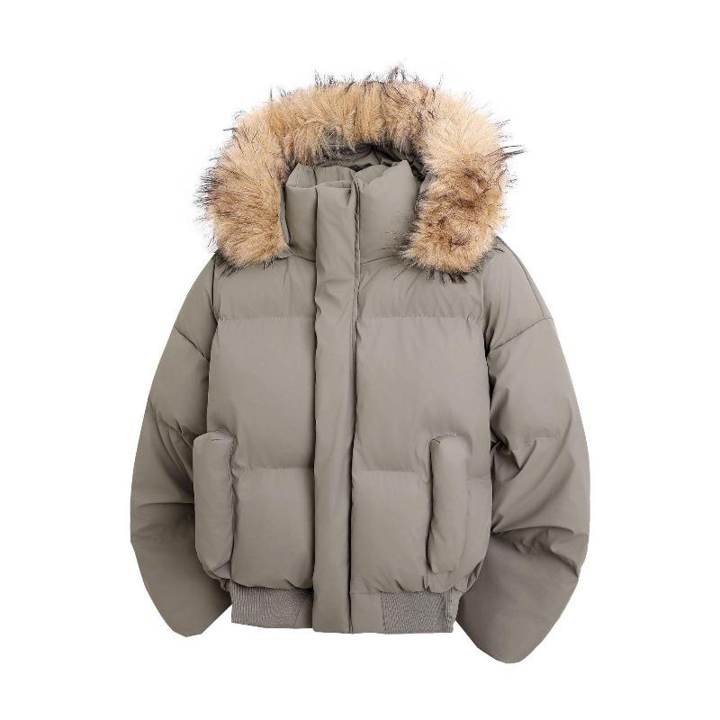 Couple's Winter Leather Down Jacket: Short, Loose, Thickened with Large Fur Collar and Hood.