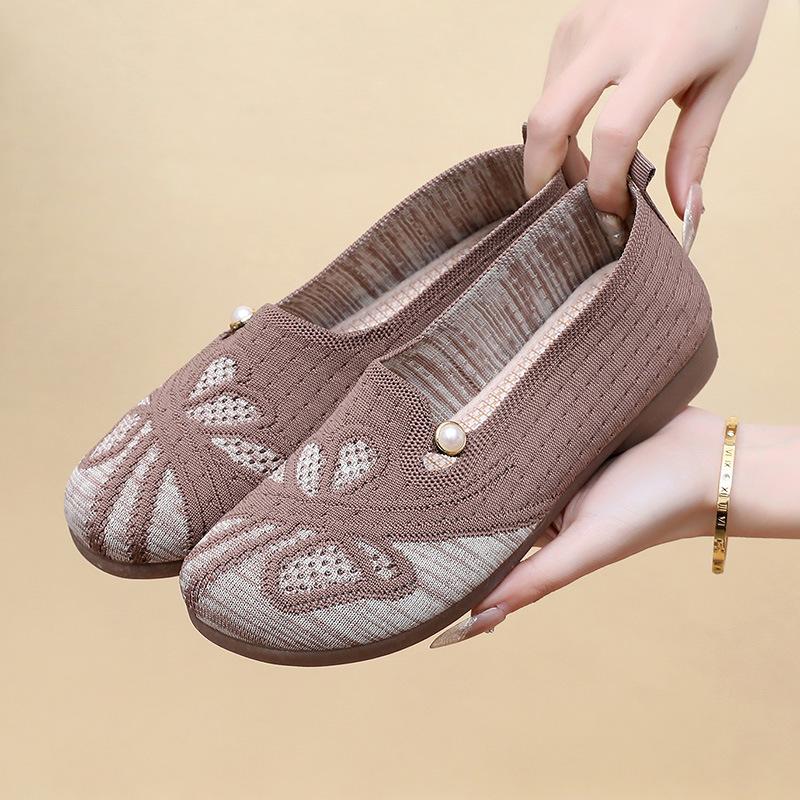 Damen Freizeit Flache Schuhe 2026 Herbst Bequem Rutschfest Outdoor Wanderschuhe Mesh Atmungsaktiv Gestrickt Perlenblume Freizeitschuhe