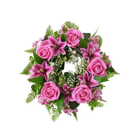 Artificial Floral Wreath for Front Door Realistic Large Rose Lily Flower Wreath with Leaves for Spring Valentine's Mother's Day Wedding Home Decor