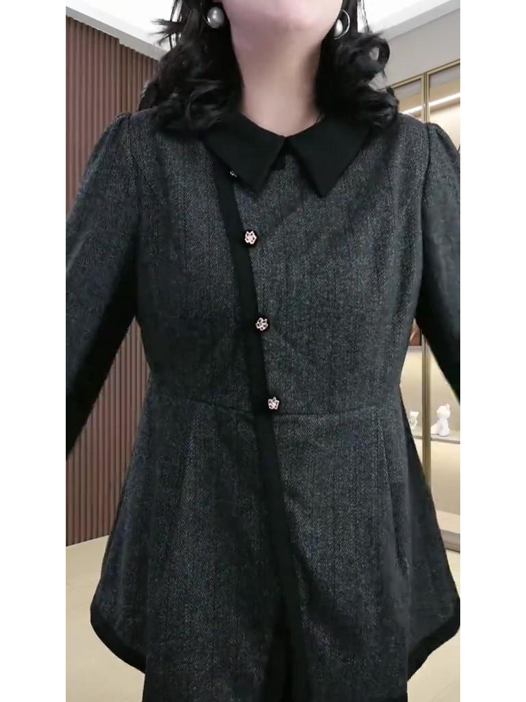 

Осенне-зимняя шерстяная А-силуэта приталенная рубашка с воротником для женщин среднего возраста 2XL (Recommended 100-160 jin) серый