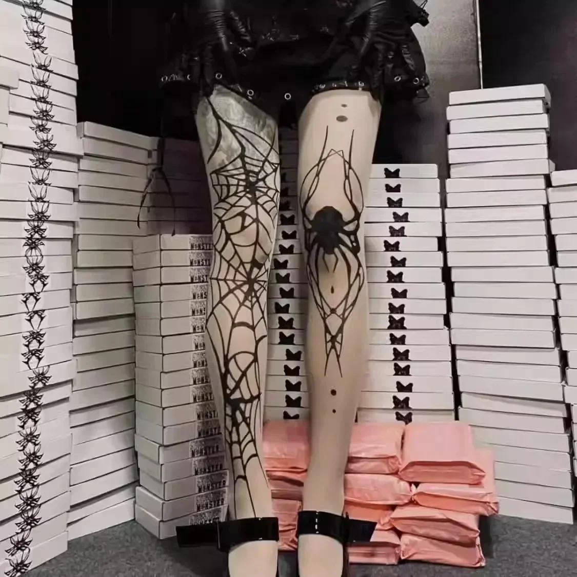 Goth Big Spider Pattern Silk Stockings Gothic Vintage Dark Fishnet Tights Women Emo Alternative Sexy Spider Web Witch Pantyhose One Size