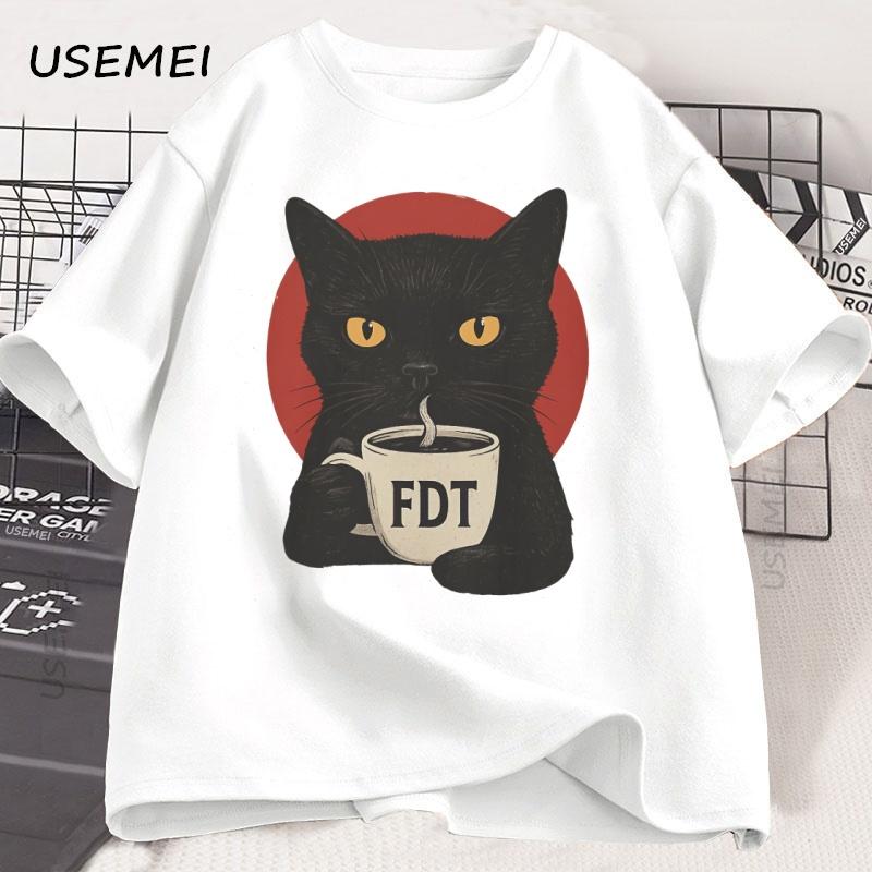 FDT Black Cat Tshirt Men Women Cotton Short Sleeve T-shirt Soft Round Neck Short Sleeve Tee Uni