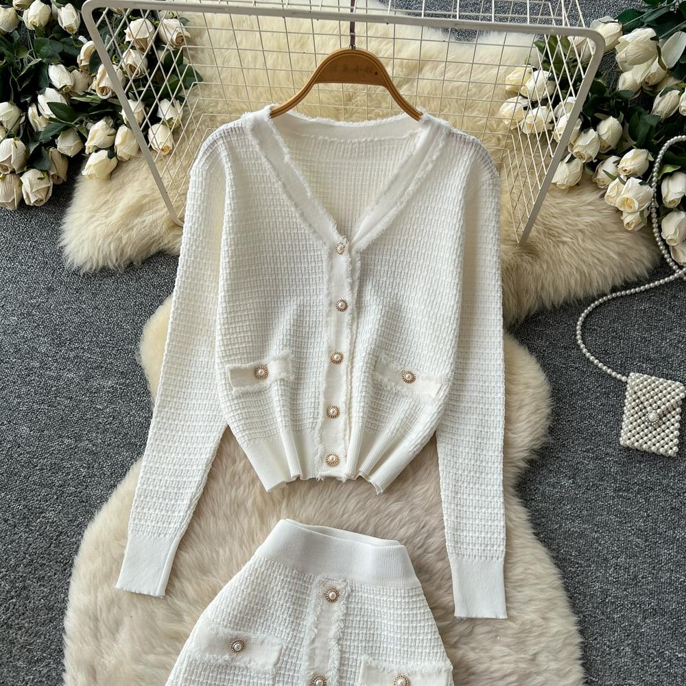 Autumn Winter Women Knitted Sweater Two Piece Set Full Sleeve V-neck Cardigans Coat and Long Midi A-line Skirt Outfits