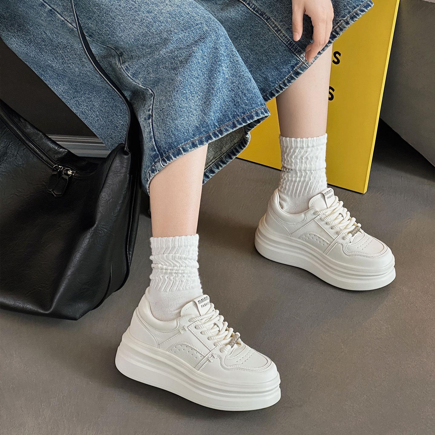 

Women s White Genuine Leather Platform Sneakers - Height-Increasing, Lightweight, Versatile, Thick-Soled Casual Shoes Size 39 бежевый