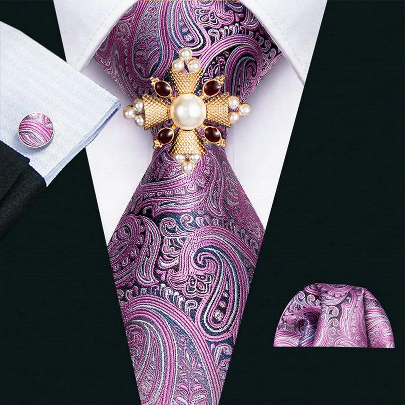 16 Styles Tie with Pearl Brooch for Men Paisley Woven Necktie Hanky Cufflinks Set Wedding Formal